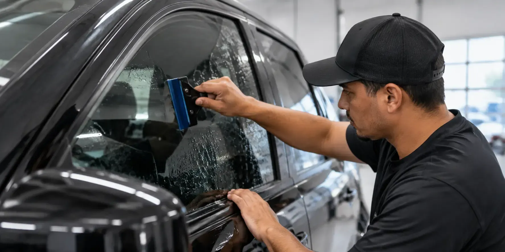 Professional installer using a squeegee to smooth ceramic window film on a car’s driver-side window.