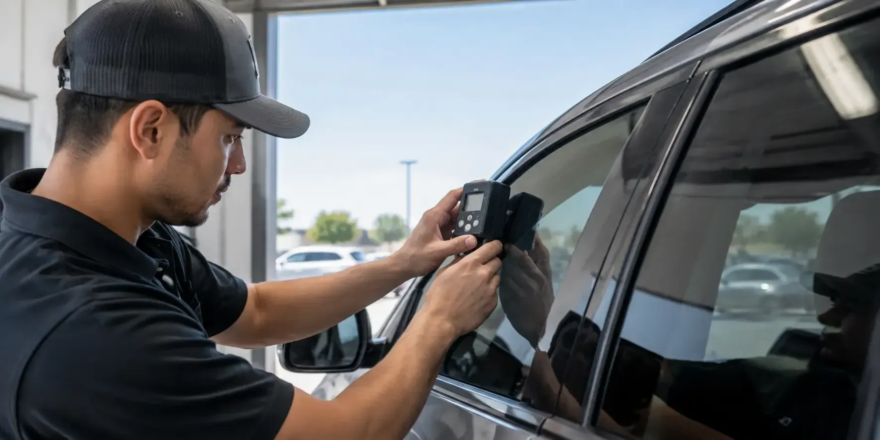 Technician using a digital light meter to check the VLT percentage of a tinted car window.