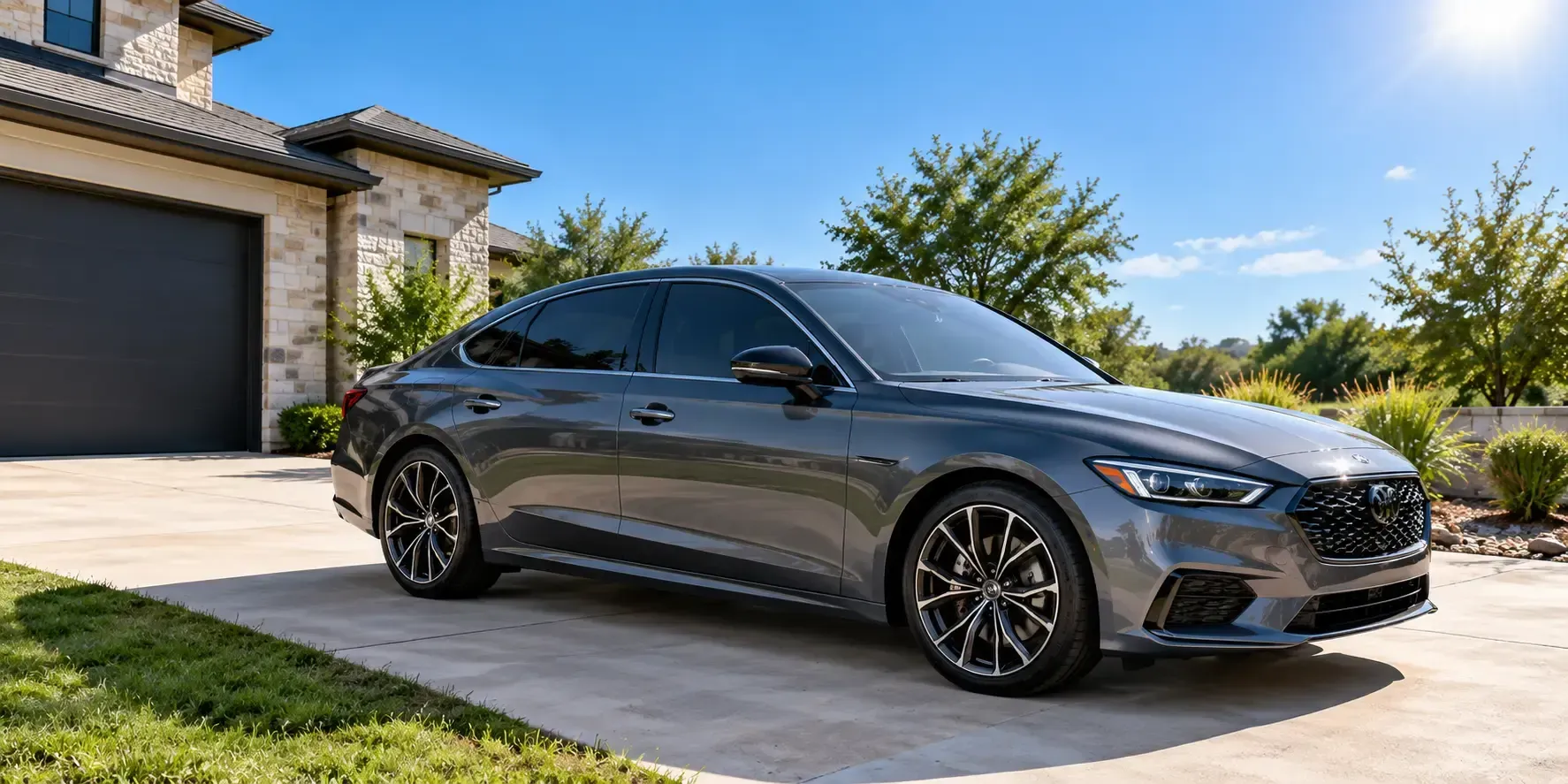 Sleek modern sedan with professionally tinted windows parked in a sunny Texas driveway beside a contemporary stone home.
