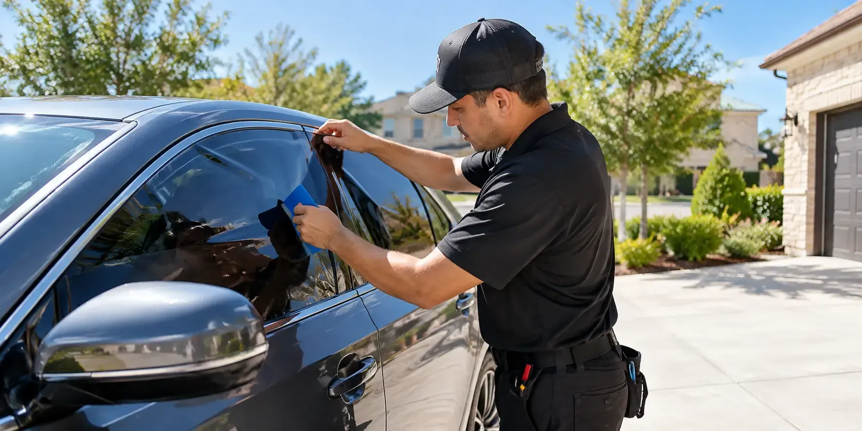 Technician applying ceramic window tint to a modern sedan in a sunny residential driveway.