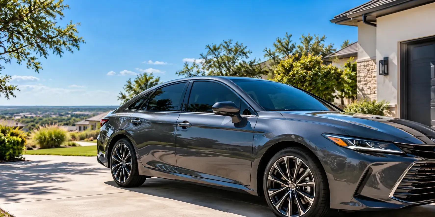 Modern sedan with tinted windows parked in bright Texas sunshine on a clean driveway today