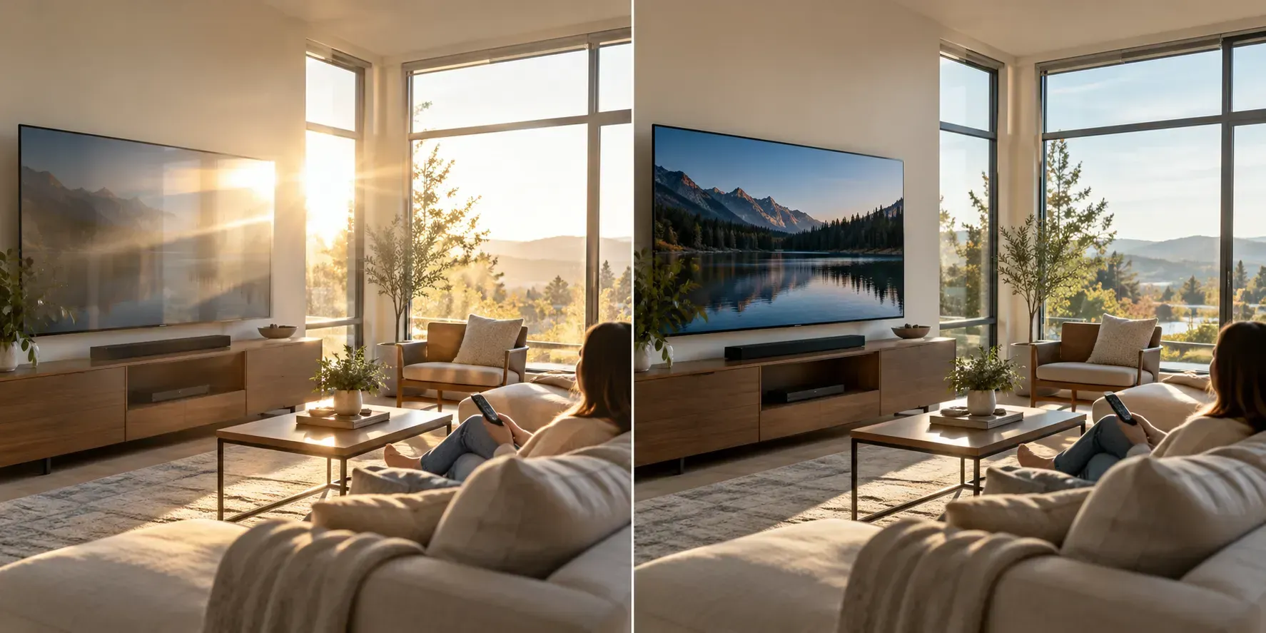 Side-by-side living room comparison showing heavy sun glare on a TV screen before window film and reduced glare after window film installation.