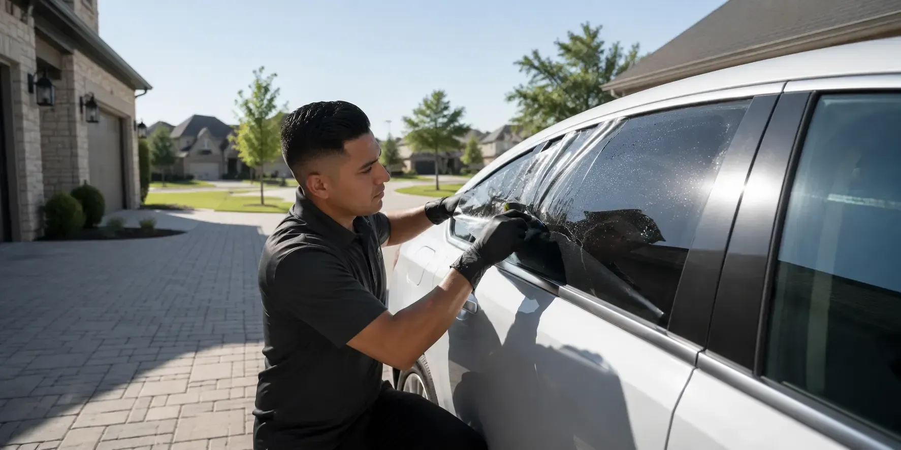 Technician applying clear ceramic film to a sedan window in a Prosper, Texas driveway.