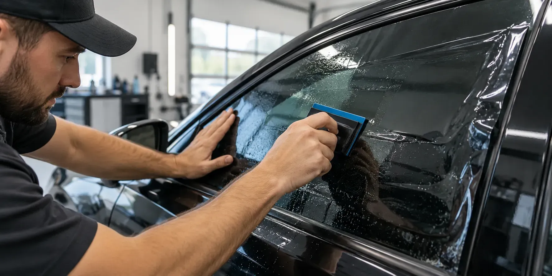 Professional installer applying ceramic window tint to a car window with a squeegee in a modern automotive workshop