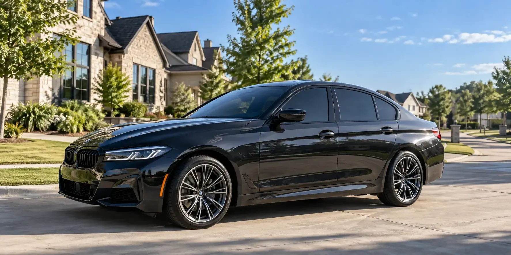 Sleek dark sedan with newly installed C2 Nano Carbon window tint parked in a sunny upscale neighborhood in Allen, Texas.