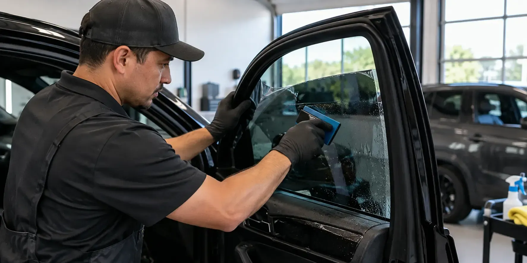 Professional window tint installer smoothing window film onto a car door window with a specialized squeegee in a modern auto detailing garage.