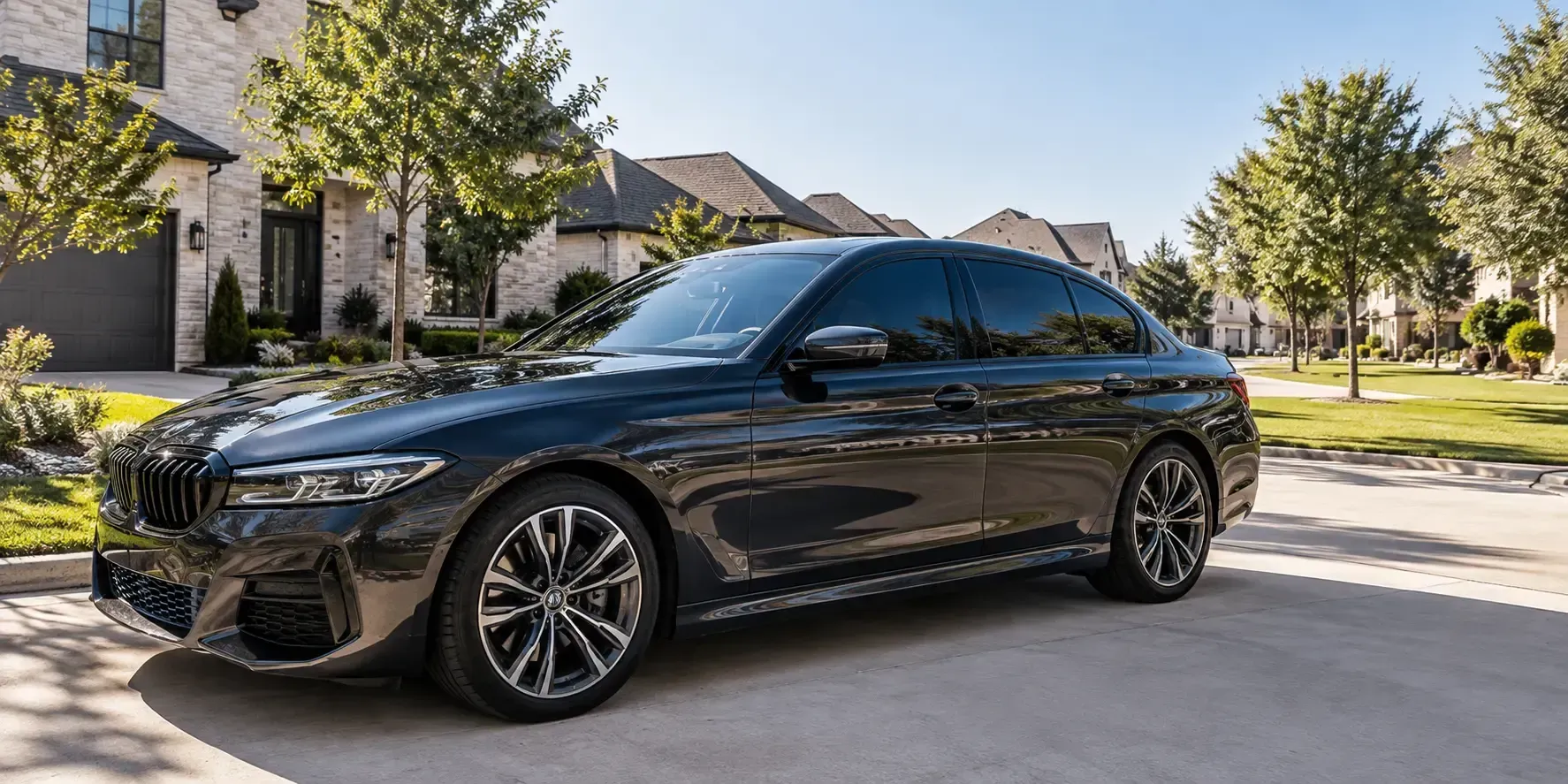 Dark sedan with newly tinted windows parked in a sunny Allen, Texas neighborhood.