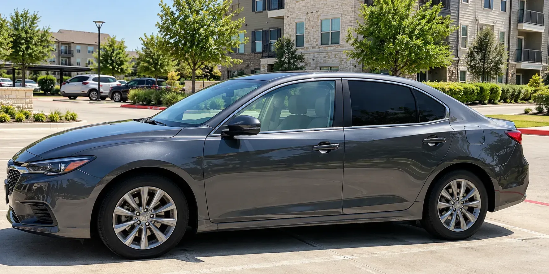 Side view of a sedan in a The Colony apartment parking lot at midday, showing lighter tint on the front window and darker tint on the rear window.