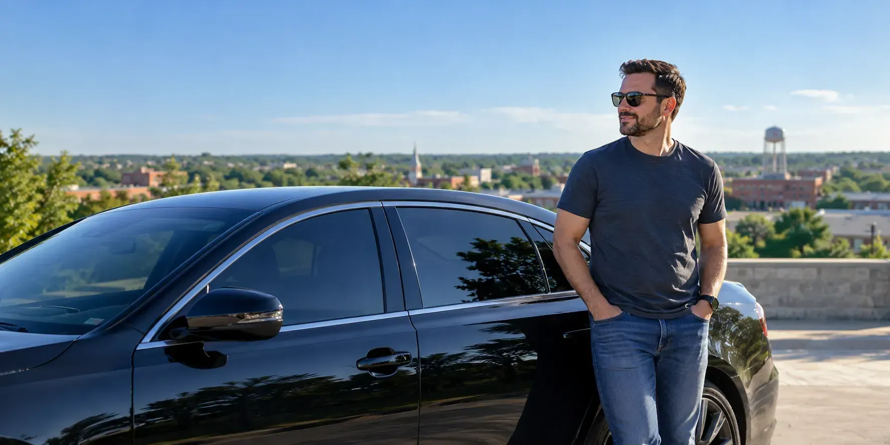 McKinney driver standing beside a dark sedan with freshly applied ceramic window tint under bright North Texas sunlight.