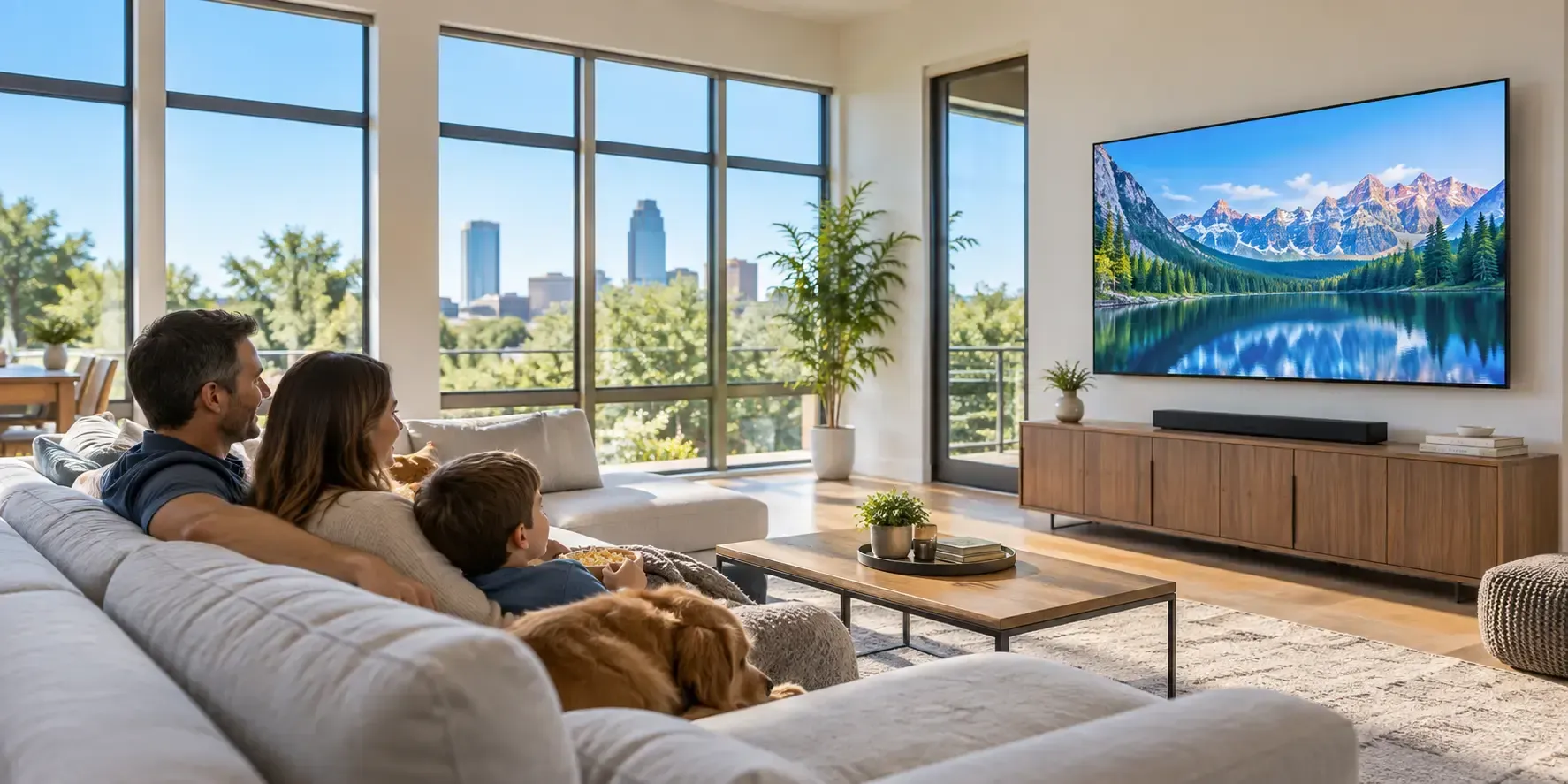 Bright North Dallas living room with tinted windows and a glare-free television screen.