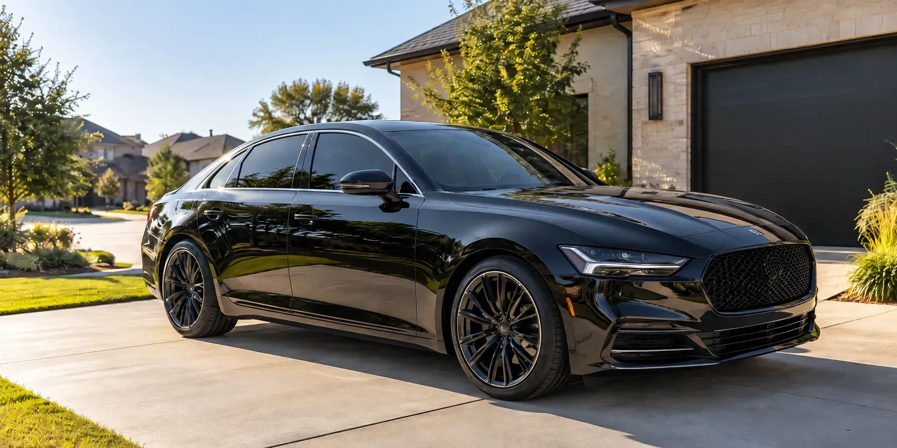 Freshly tinted black sedan parked in a sunny Texas driveway outside a modern suburban home