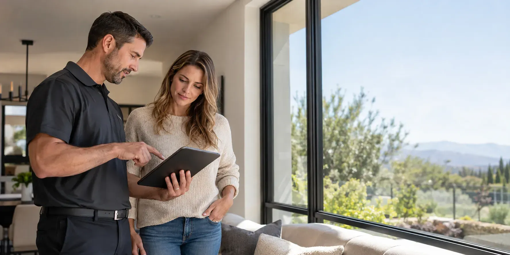 Tinting expert showing a digital quote on a tablet to a homeowner beside large residential windows.