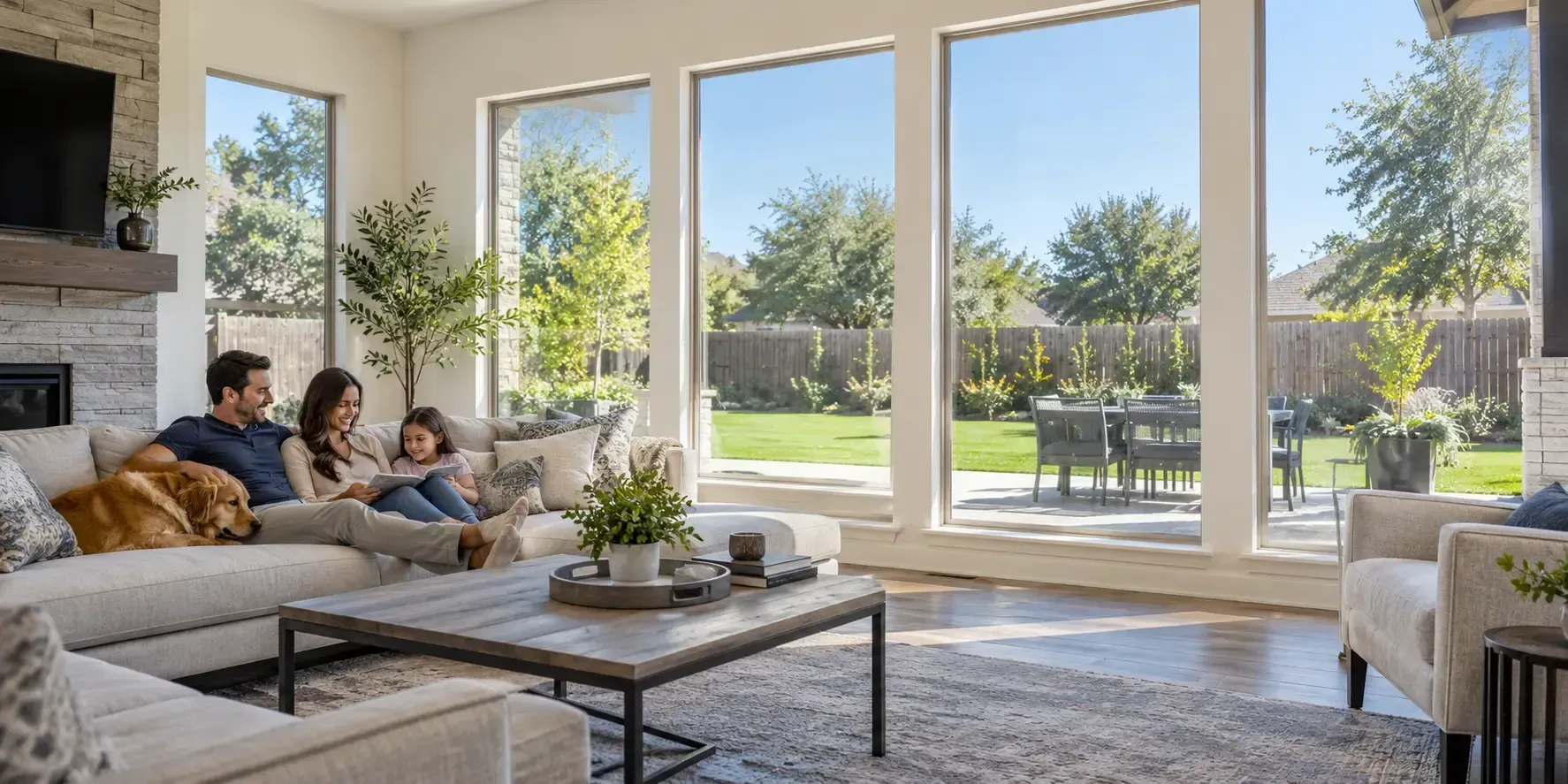 Bright North Dallas living room with clear solar window film and backyard view