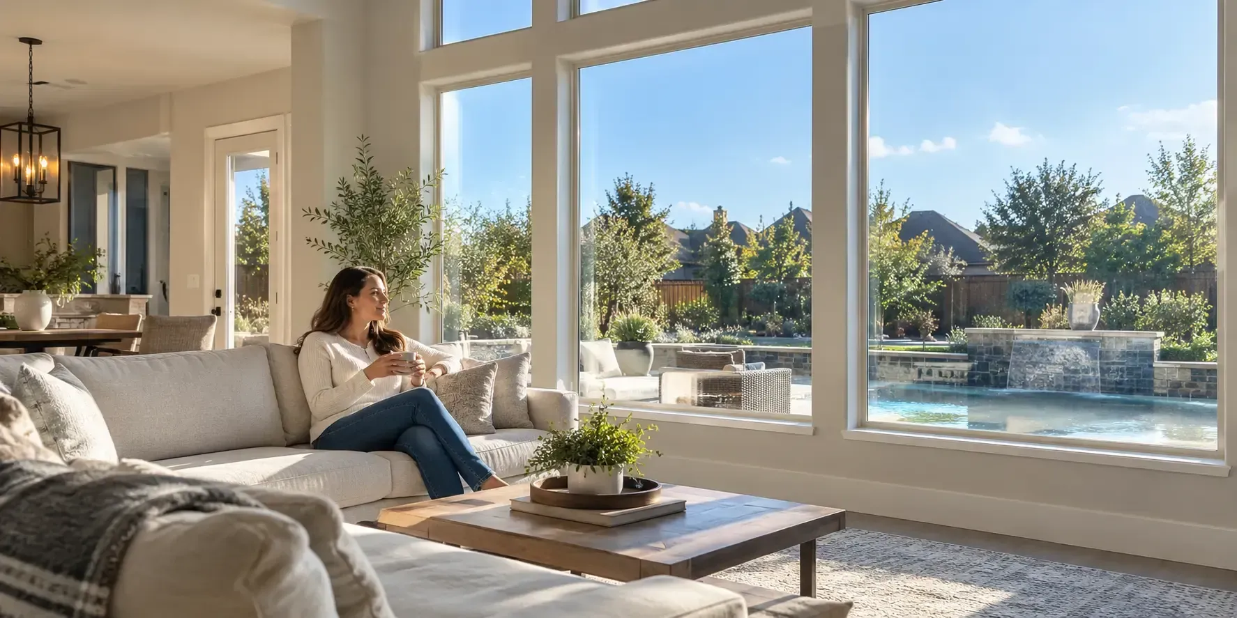 Bright North Dallas living room with clear solar film and a sunny backyard view.