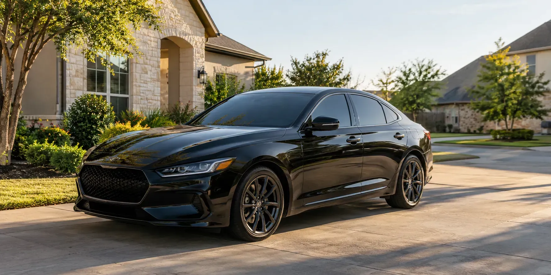 Freshly tinted dark sedan parked in a sunny Texas driveway outside a modern suburban home.