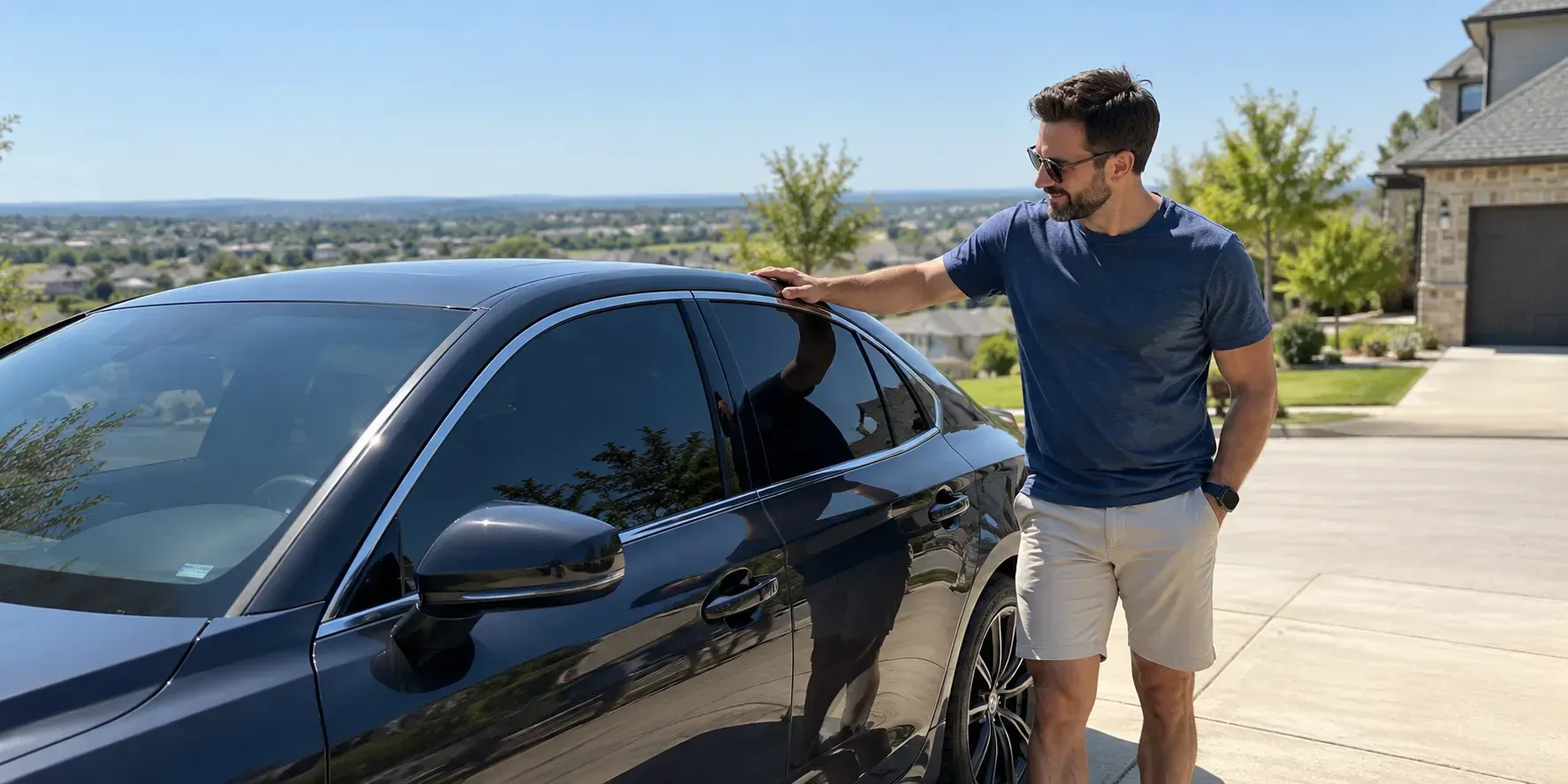 McKinney driver beside a dark sedan with ceramic window tint under bright North Texas sun.