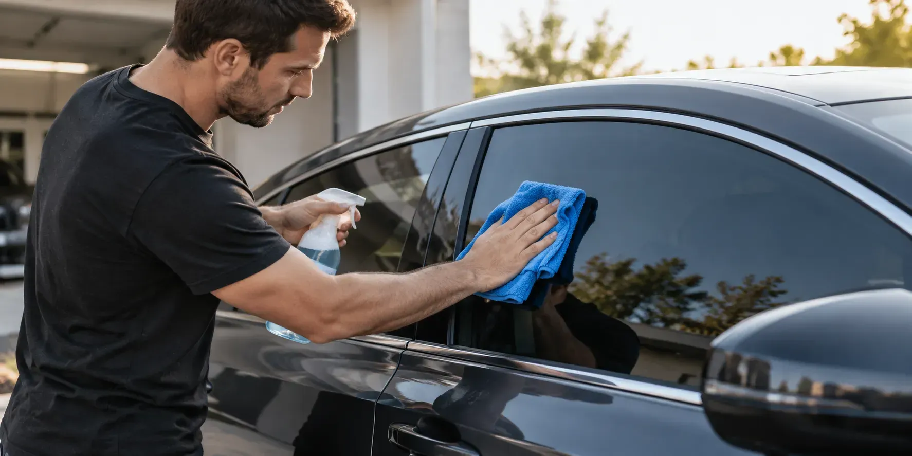 Person gently cleaning a freshly tinted car window with a blue microfiber towel and ammonia-free spray bottle