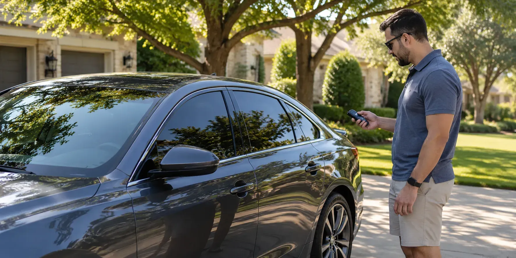 McKinney driver checking cabin temperature beside a ceramic-tinted sedan parked in a shaded residential driveway.
