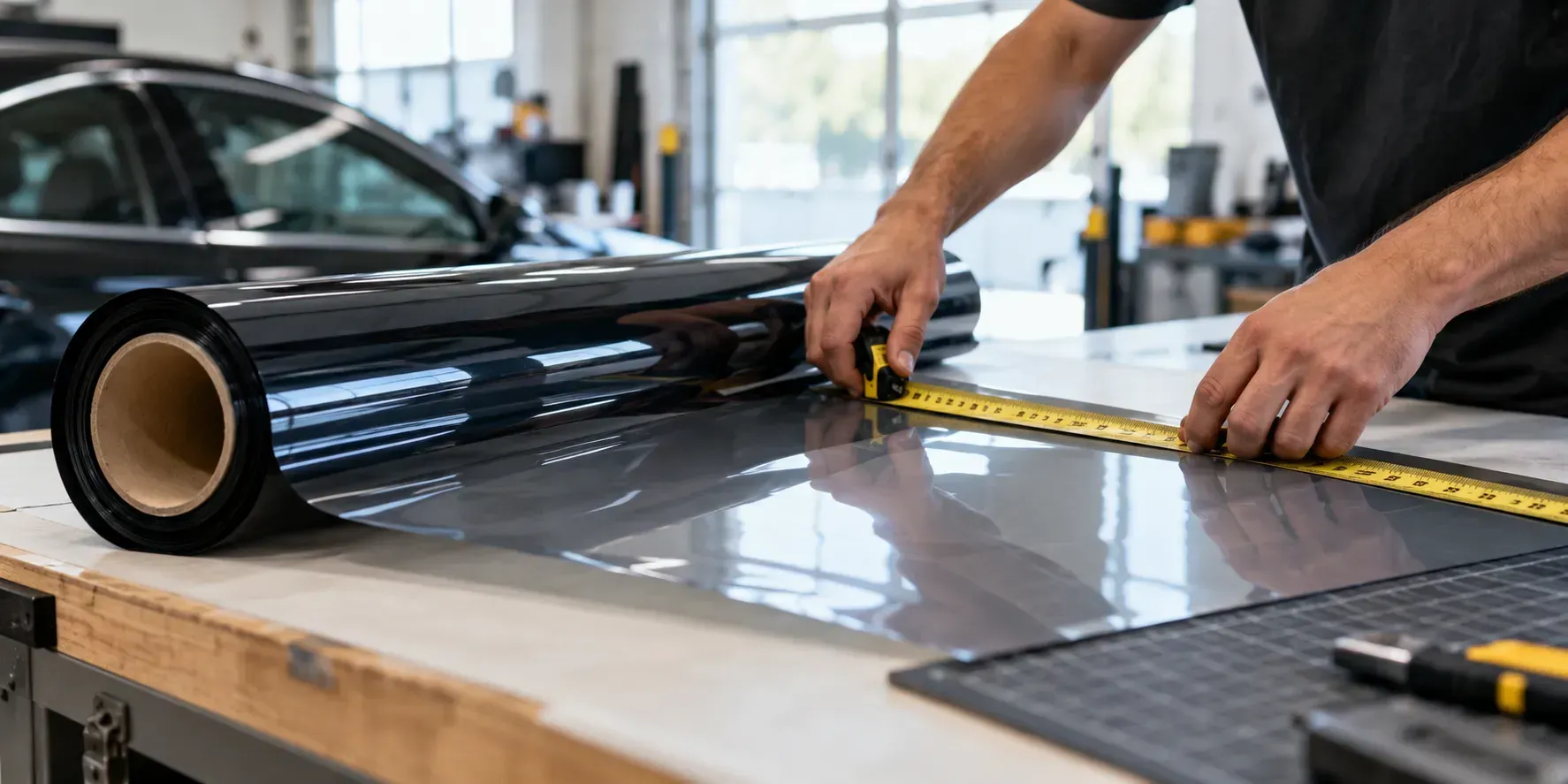 Technician carefully measuring a roll of ceramic window film on a workbench in a professional tinting shop.