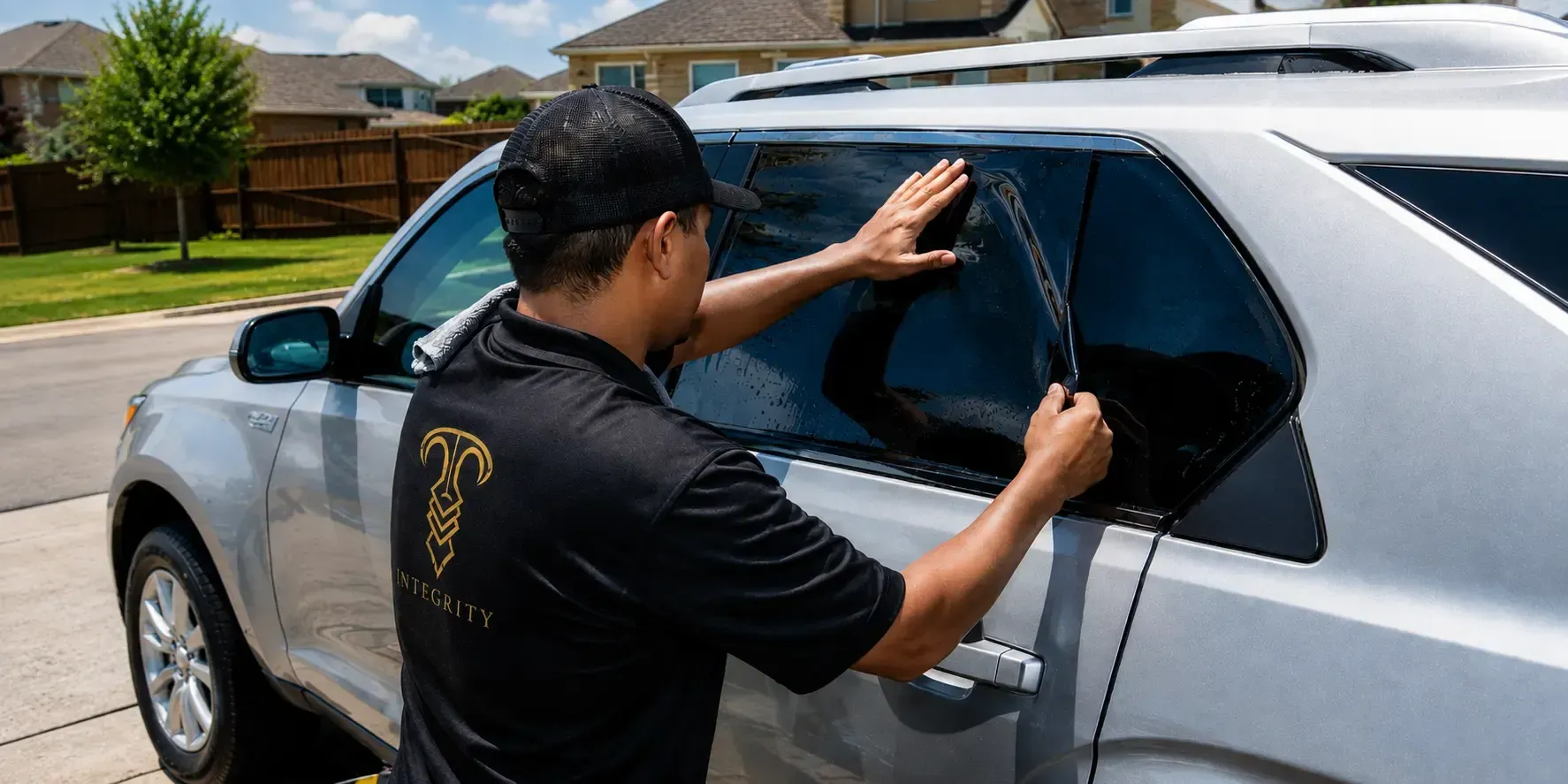 Man using a squeegee to clean a car window in a suburban driveway