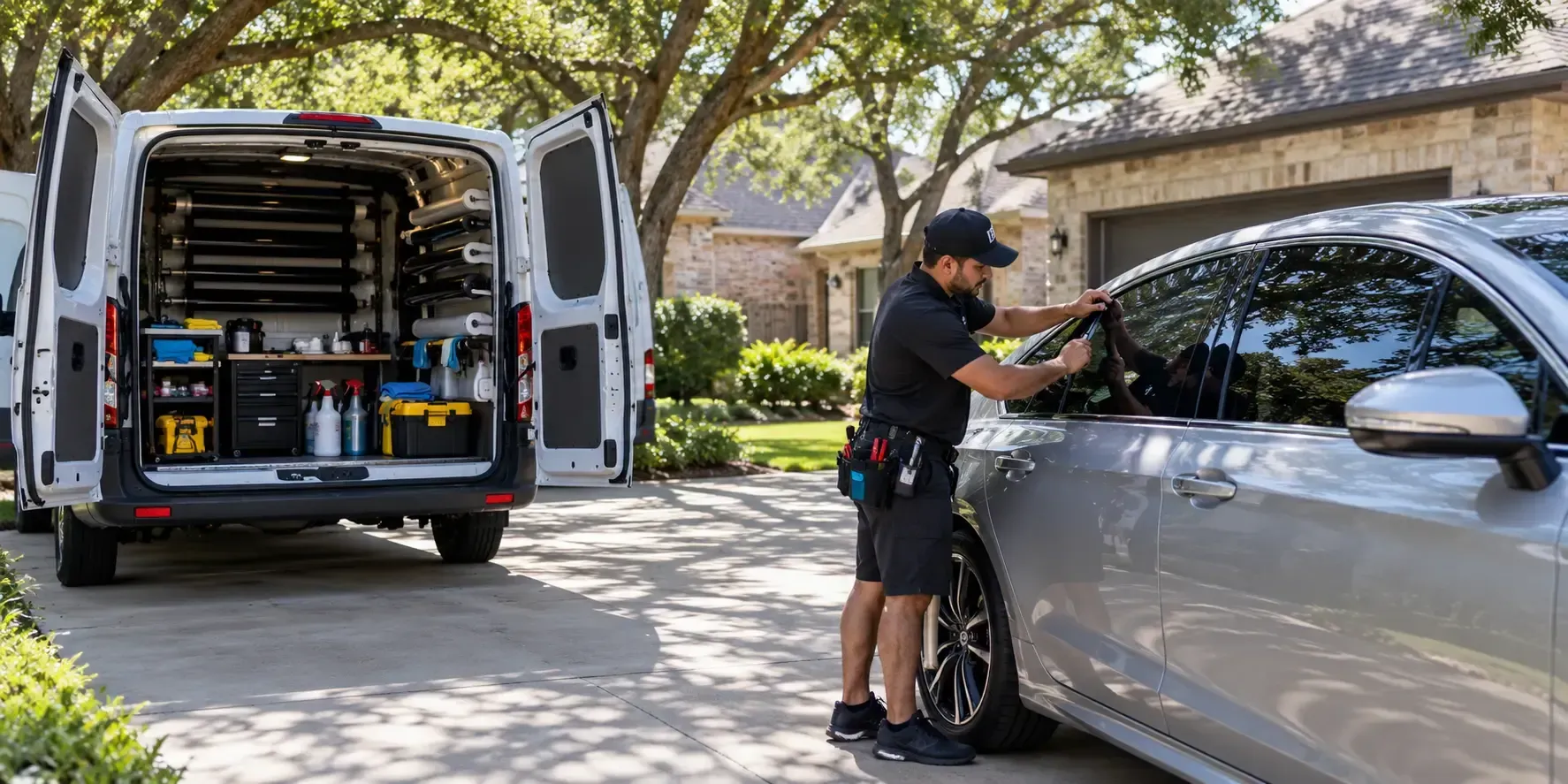 Mobile window tinting van and technician tinting a car in a shaded residential driveway in Allen, TX.