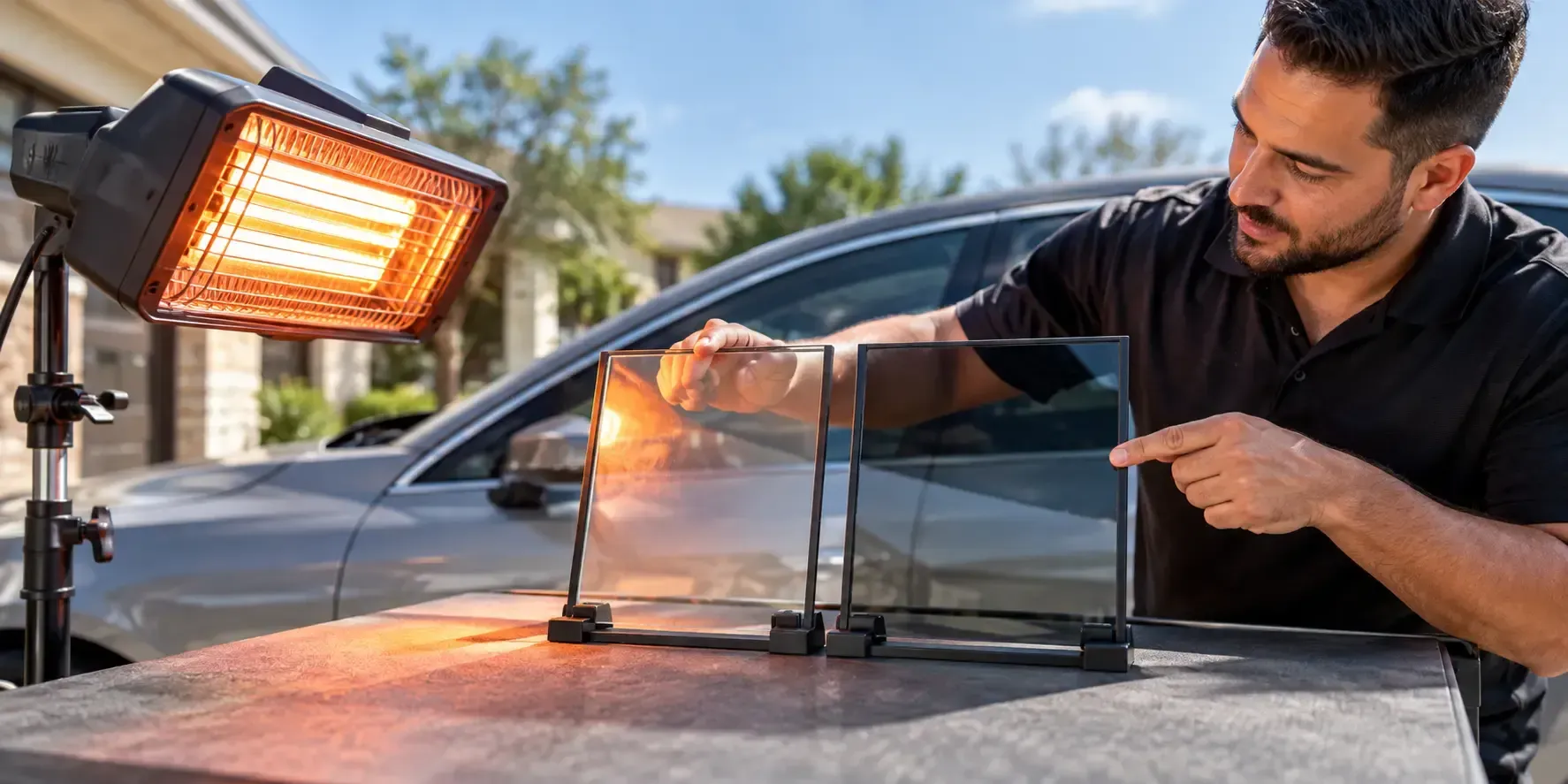 Infrared heat lamp testing clear glass and ceramic tinted glass to compare heat transmission.