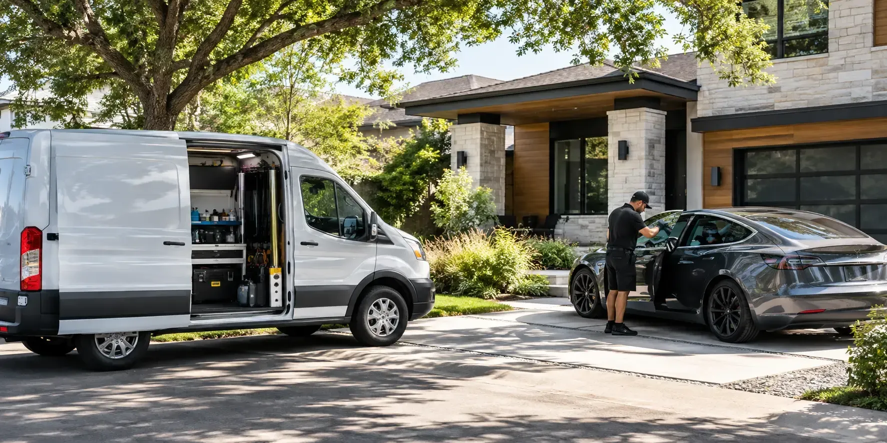 Integrity Mobile Window Tinting van parked outside a modern home while a technician works on a car in the driveway.