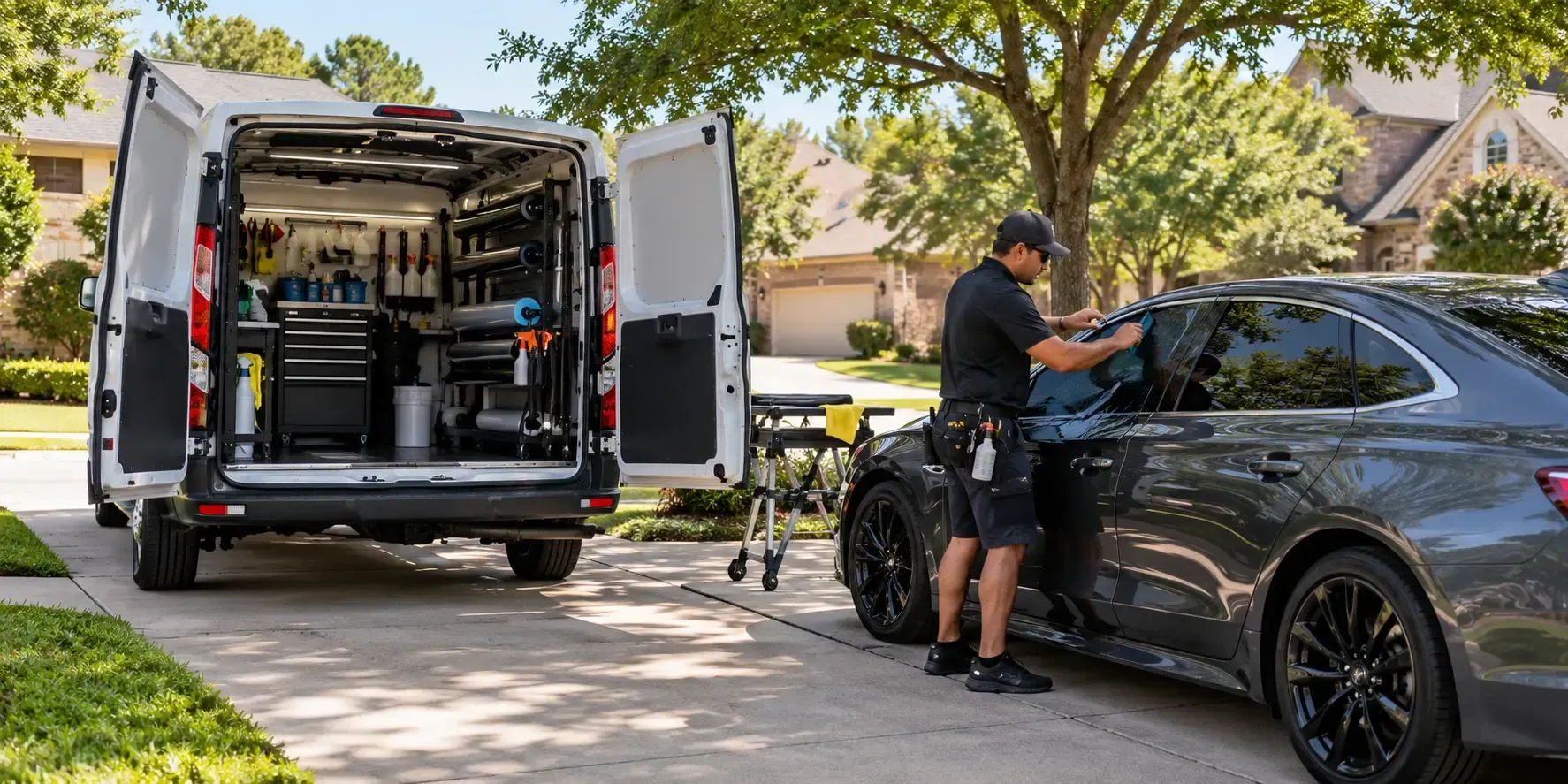 Mobile window tinting van and technician tinting a car in an Allen, TX driveway.