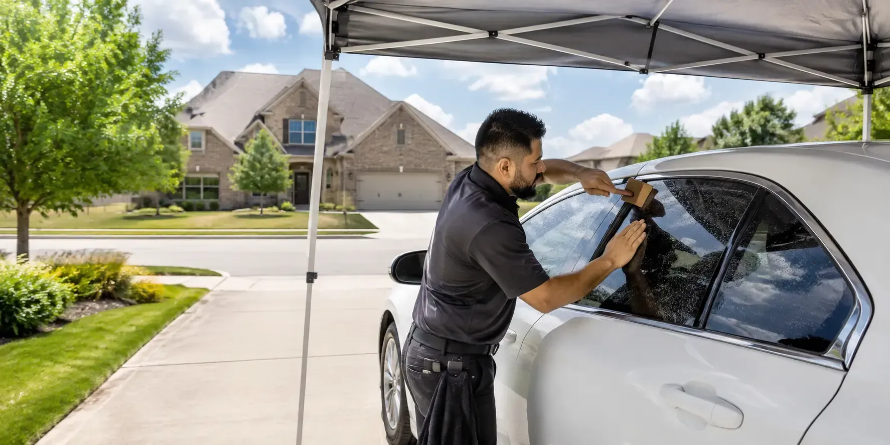 Technician applying window tint film to a sedan in a McKinney driveway.