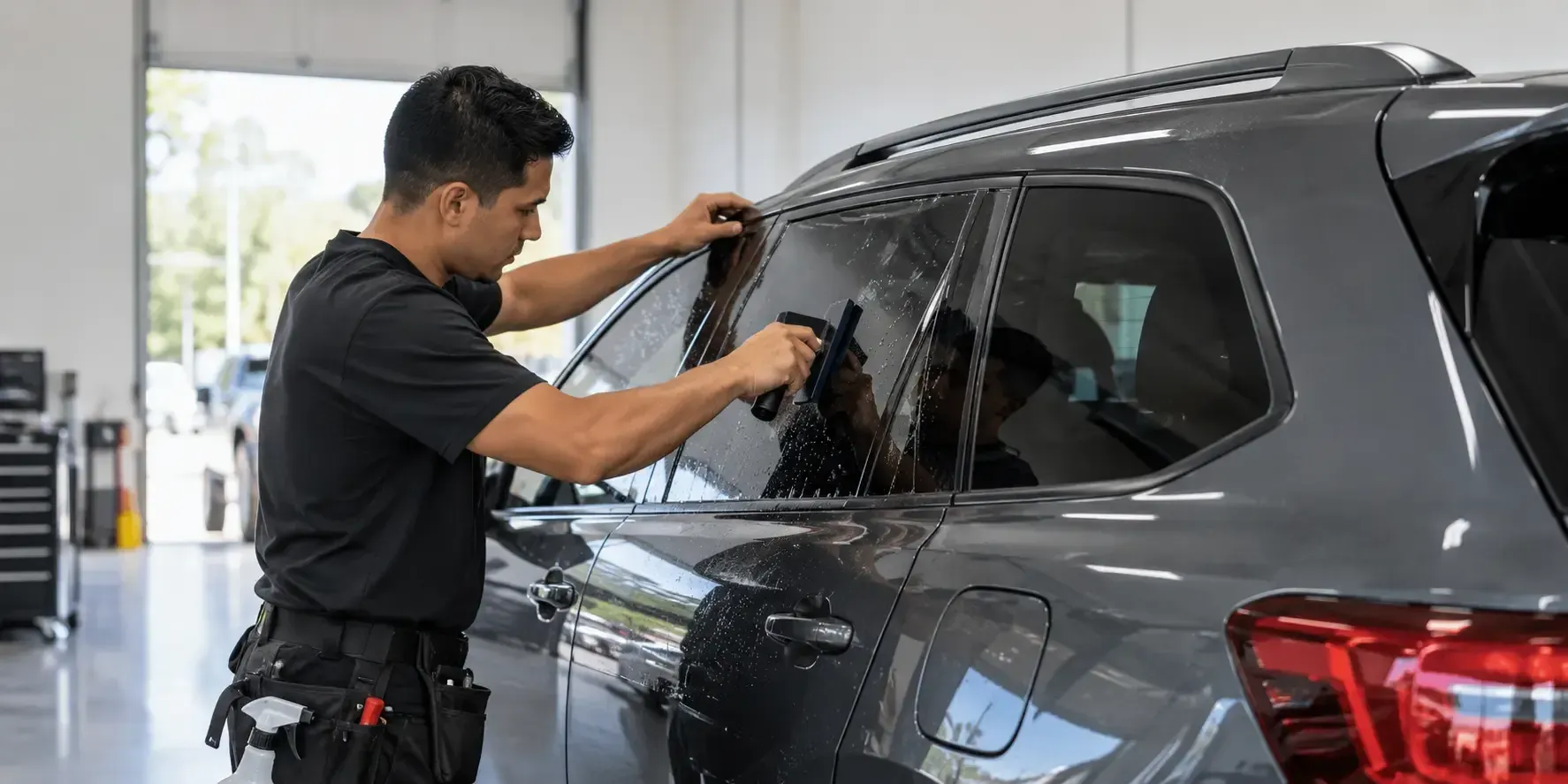 Window tinting expert applying film to an SUV window in a modern auto shop.