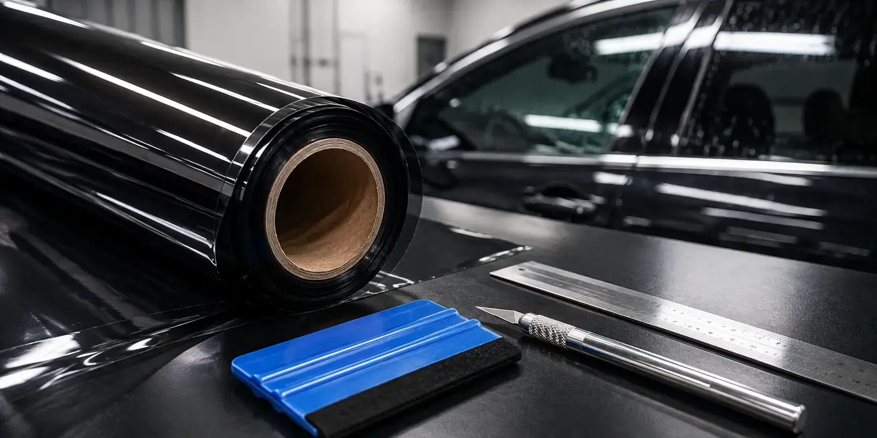 Close-up of a ceramic window tint film roll, blue squeegee, precision cutting knife, and measuring ruler arranged on a workbench, with a tinted vehicle in the background.