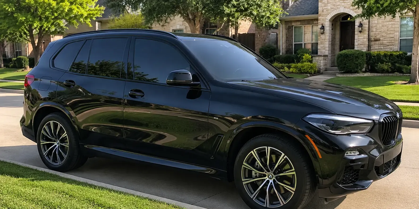 Finished ceramic-tinted black SUV parked on a residential street in The Colony, TX, with reduced glare visible on the windows.