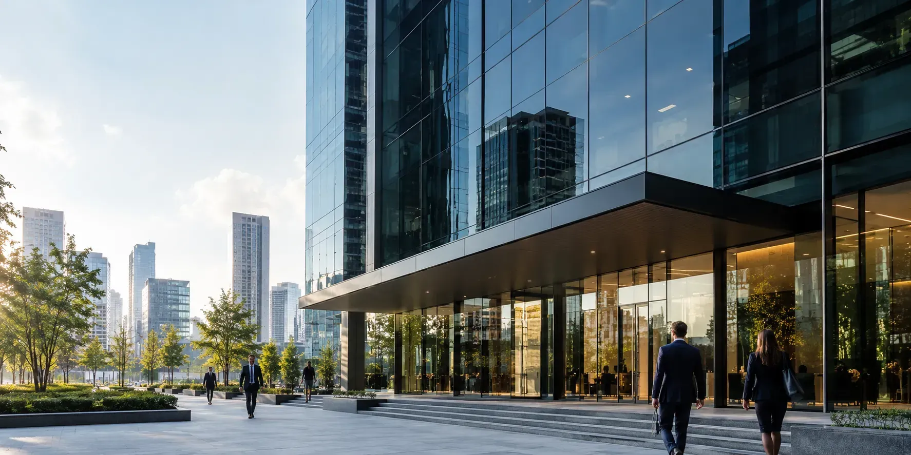 Modern commercial office building with sleek dark tinted glass windows and professionals walking near the entrance.