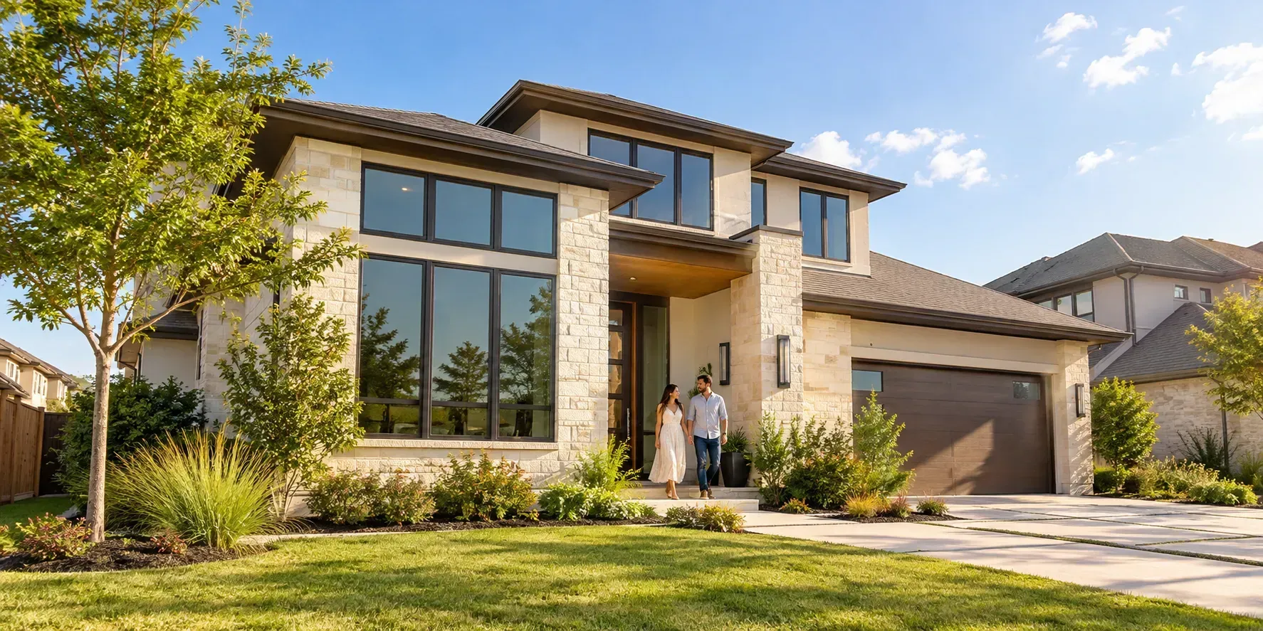 Modern Plano home with large subtly tinted windows in bright Texas sunshine