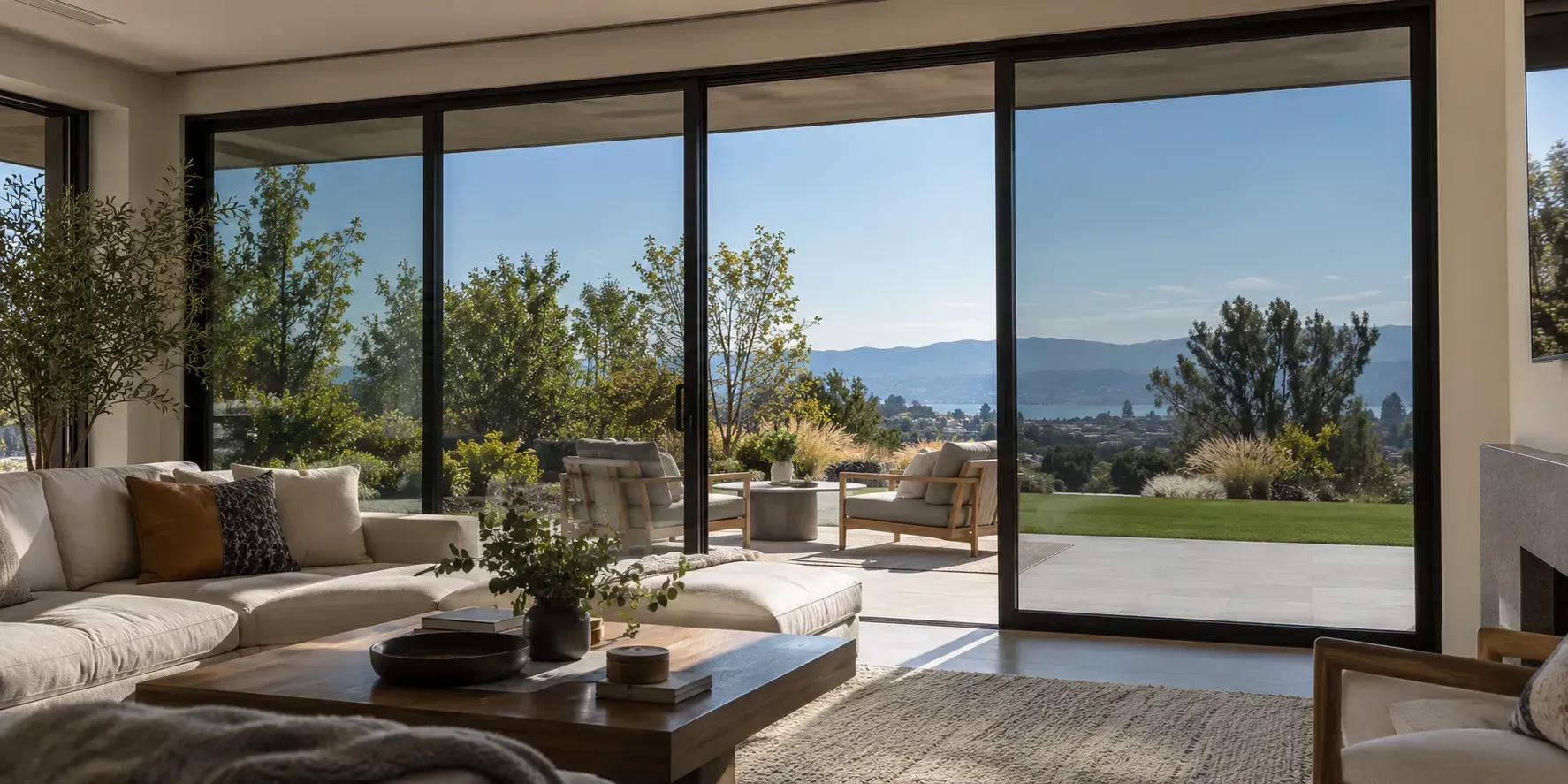 Modern living room viewed from inside through large tinted glass windows, showing a clear outdoor patio, landscaped yard, and distant scenic view.