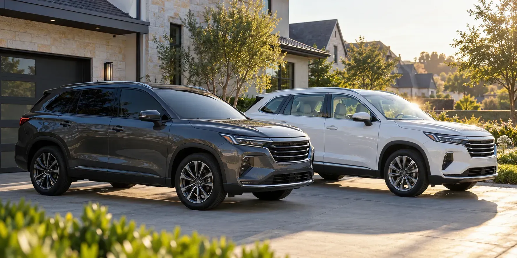 Two SUVs parked side by side in a McKinney driveway, comparing dark ceramic window tint with clear untinted windows in warm afternoon sunlight.