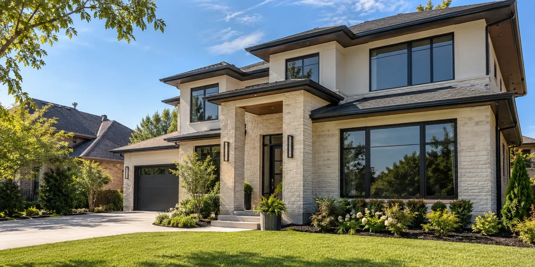 Modern Plano home with tinted windows under bright Texas sunshine and clear blue skies.