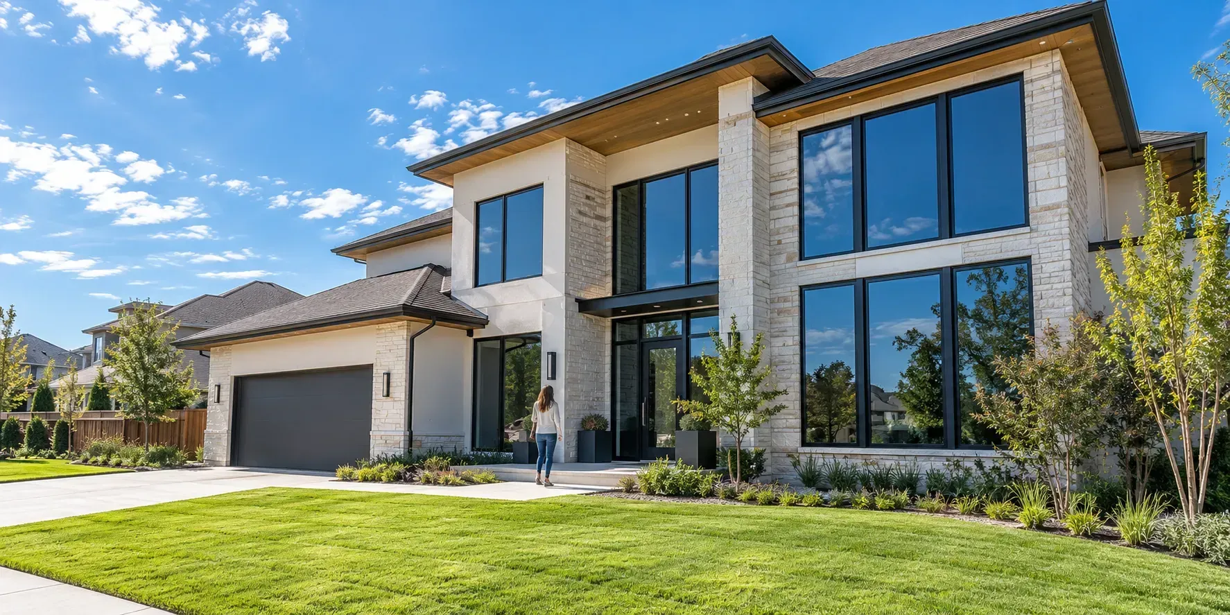 Modern Plano home with freshly tinted windows reflecting the bright blue Texas sky and surrounding trees.