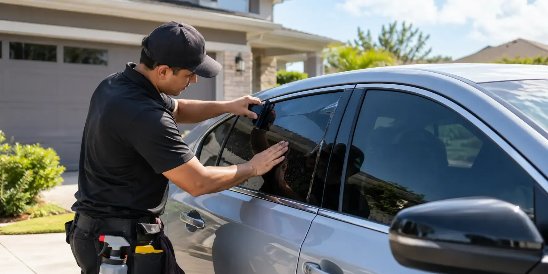 A professional window tint technician applying dark window film to a modern silver sedan in a residential driveway on a sunny day.