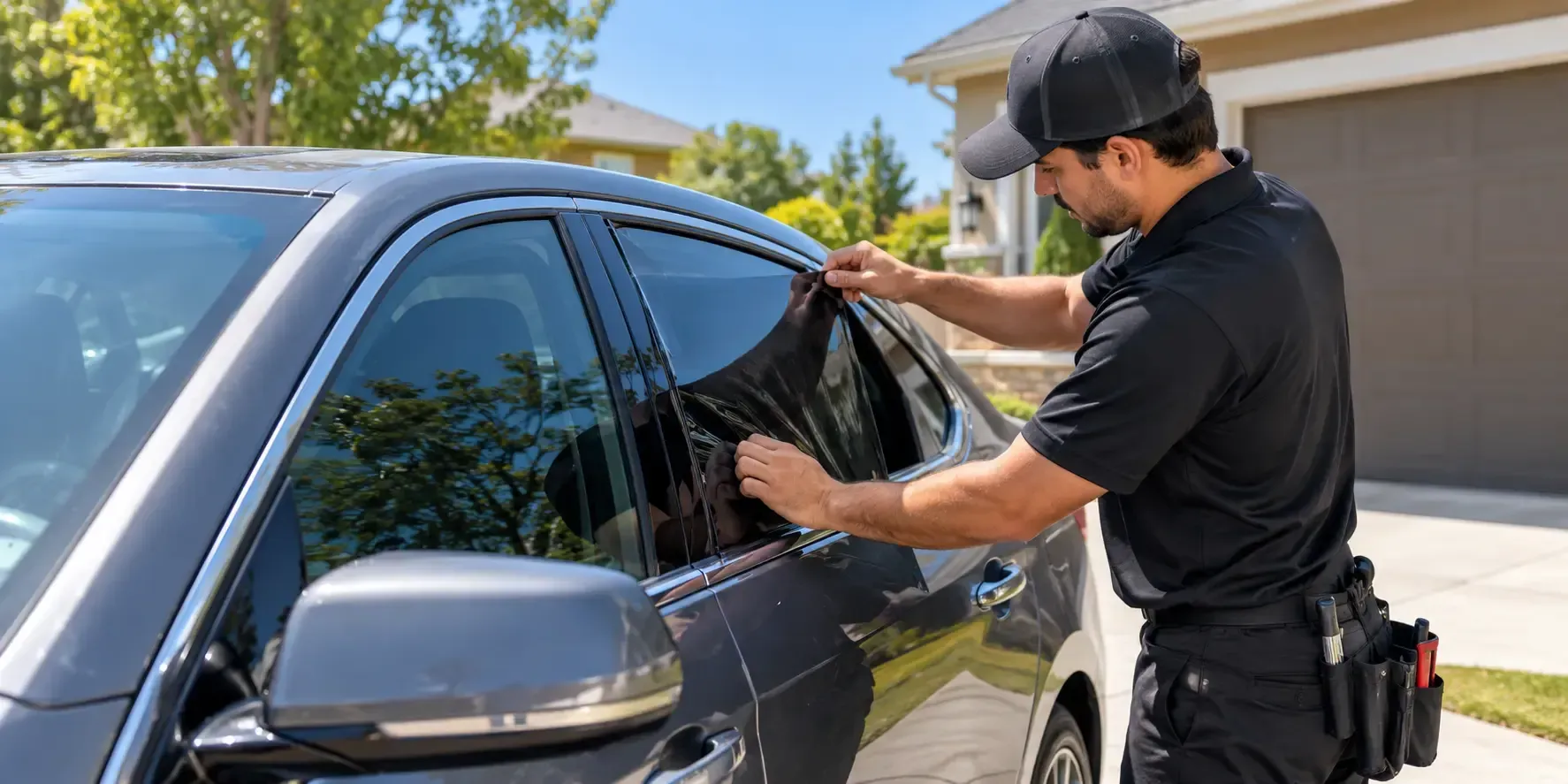 Technician applying dark tint film to a silver sedan's side window in residential driveway.