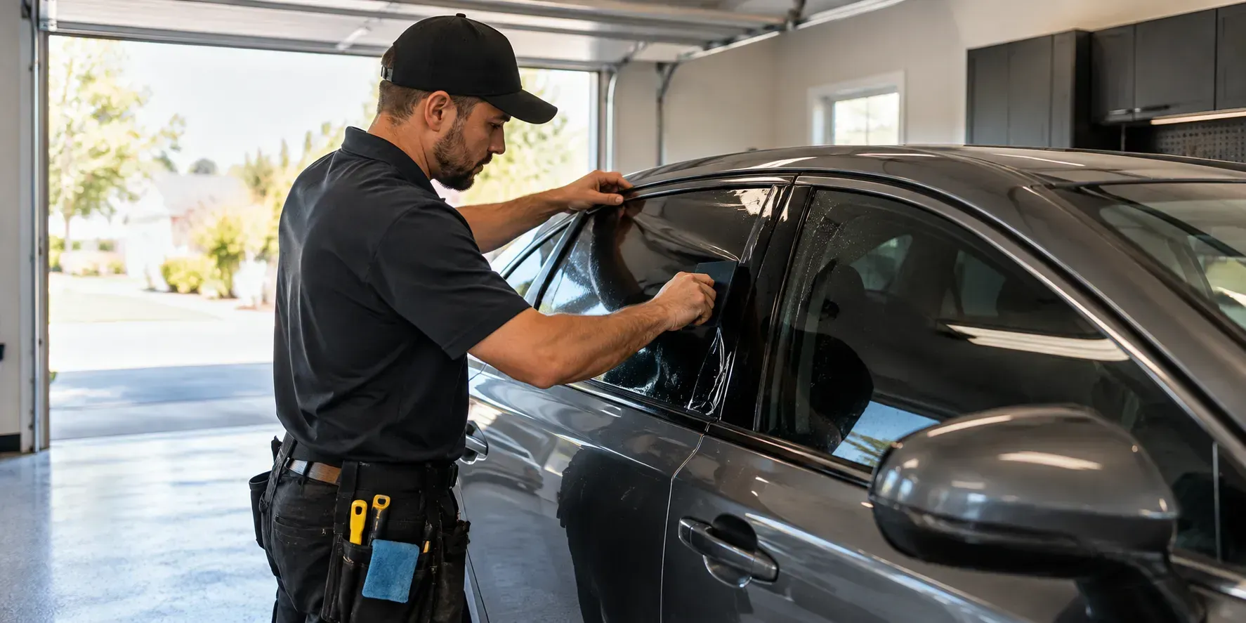 Professional technician applying dark window tint film to a modern sedan inside a clean residential garage.