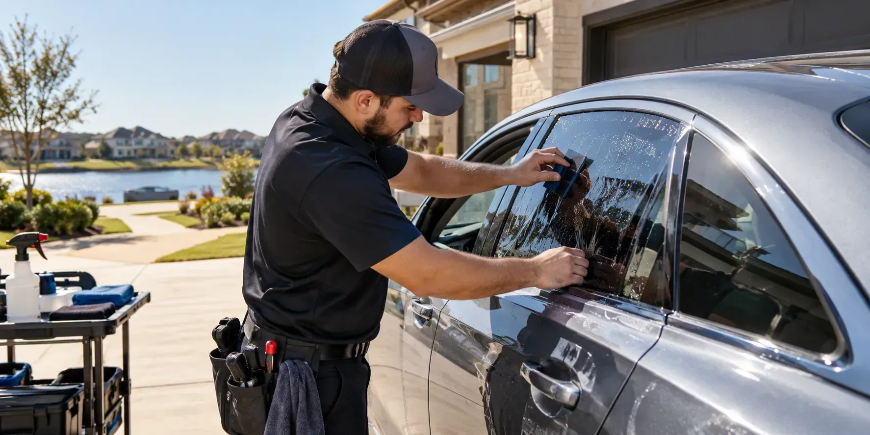 Technician applying ceramic window film to a sedan in a residential driveway in The Colony, Texas, on a clear day.