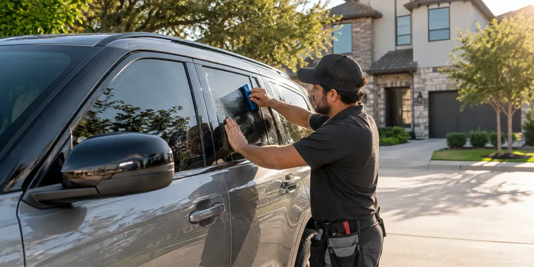 Technician applying window tint film to an SUV side window in a townhome driveway in The Colony, Texas