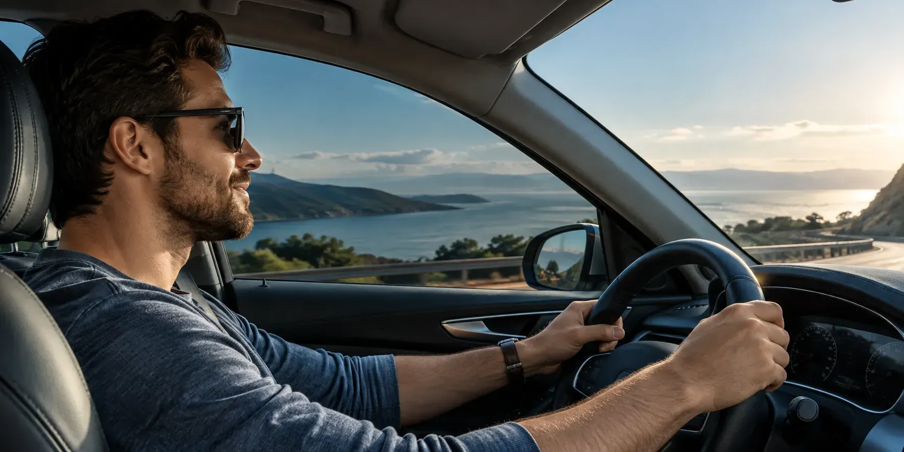 Driver holding the steering wheel with a clear view through a professionally tinted side window, reducing harsh glare while driving.