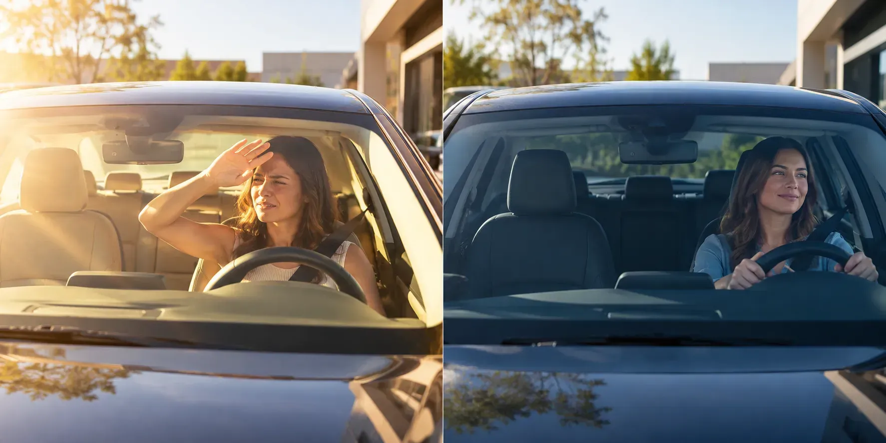 Side-by-side car interior comparison showing intense sunlight and glare with standard window film versus a cooler, more comfortable cabin with advanced ceramic film.