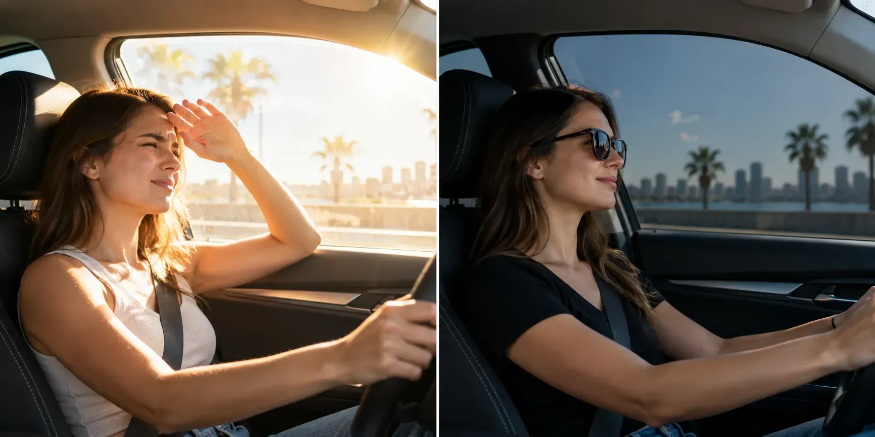 Side-by-side comparison of sunlight and heat entering a car through untreated glass versus darker C2 Nano Carbon tinted glass.