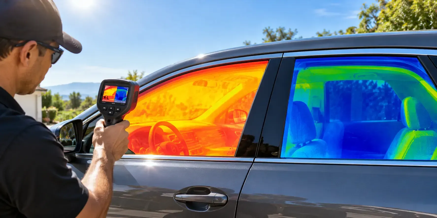 A thermal imaging camera reveals the temperature difference between a standard car window and a ceramic-tinted window, highlighting heat reduction under direct sunlight.