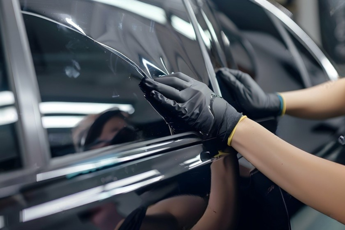 Person in black gloves applying tint to a car window.