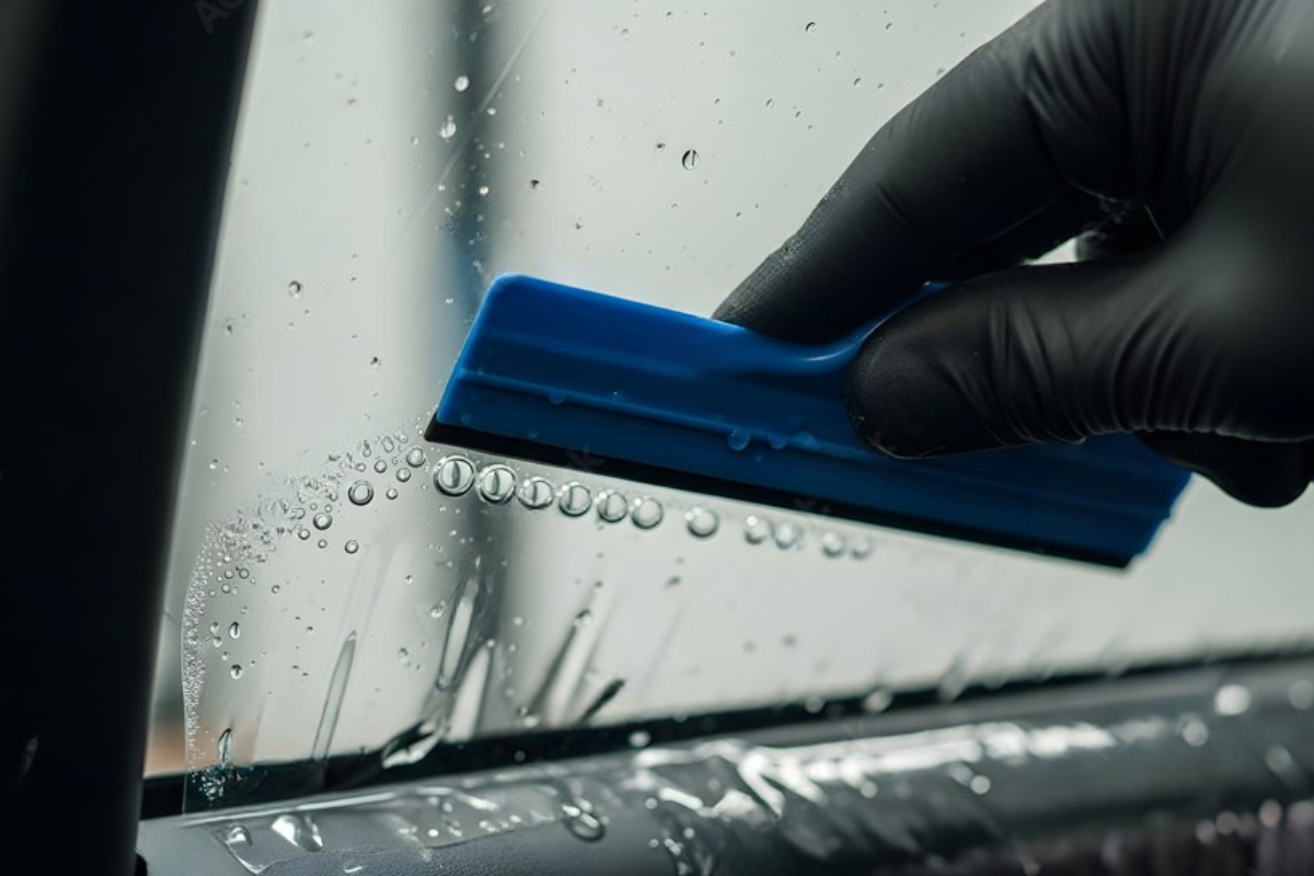 Gloved hand uses a blue squeegee to apply window tint to a car window.