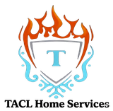 TACL Home Services logo with a shield, blue T, orange flames, and blue decorative swirls